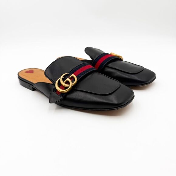 Gucci GG Web Stripe Peyton Mules Flat Slides Black Leather Loafers - Picture 1 of 11